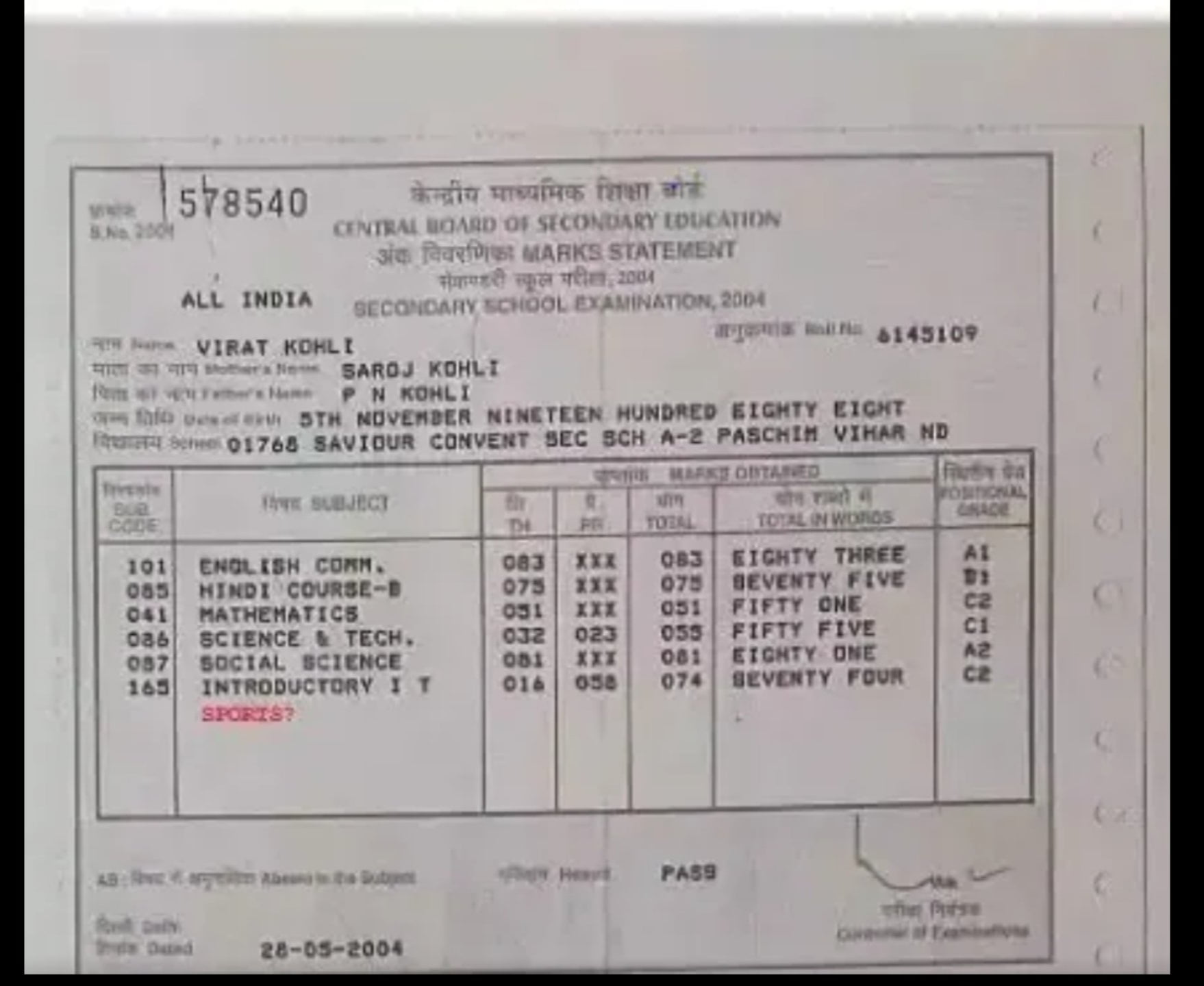 Virat Kohli 10th Marksheet