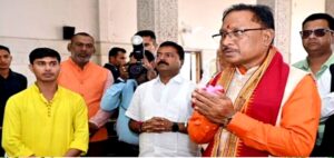 Chhattisgarh CM-designate Vishnu Deo Sai offers prayers at Ram Temple, in Raipur on Monday.